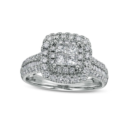 1.25 CT. T.W. Princess-Cut Quad Natural Diamond Double Cushion-Shaped Frame Engagement Ring in Solid 14K White Gold
