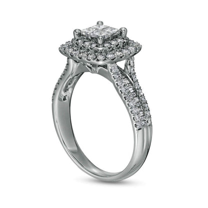 1.25 CT. T.W. Princess-Cut Quad Natural Diamond Double Cushion-Shaped Frame Engagement Ring in Solid 14K White Gold