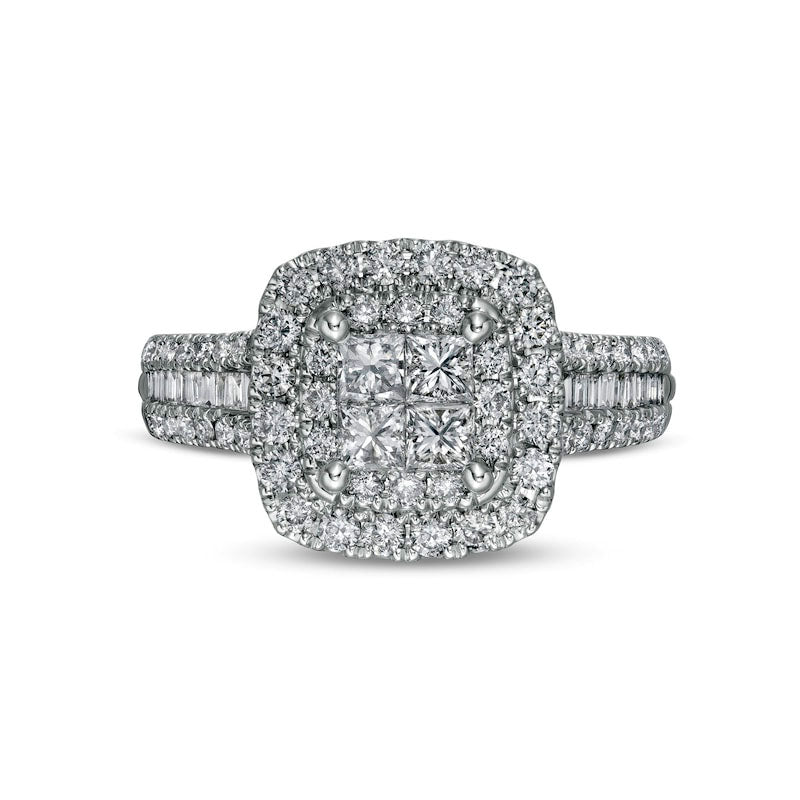 1.25 CT. T.W. Princess-Cut Quad Natural Diamond Double Cushion-Shaped Frame Engagement Ring in Solid 14K White Gold