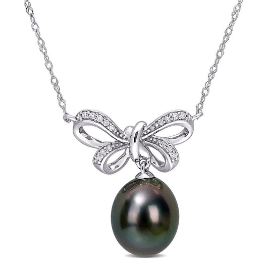 9.5-10.0mm Baroque Black Cultured Tahitian Pearl and 0.05 CT. T.W. Natural Diamond Bow Necklace in 10K White Gold - 17