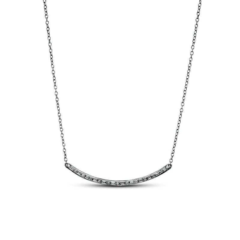 0.17 CT. T.W. Baguette and Round Natural Diamond Curved Bar Necklace in 10K White Gold