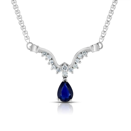 Pear-Shaped Blue Sapphire and 0.25 CT. T.W. Natural Diamond Curved Abstract Teardrop Necklace in 14K White Gold - 16