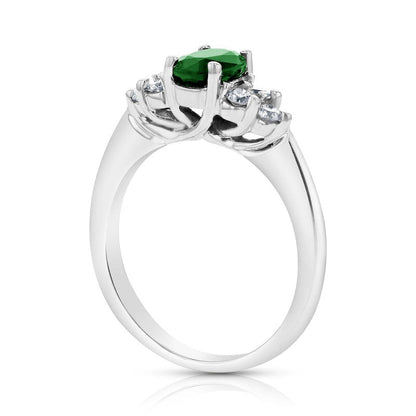 Oval Emerald and 0.33 CT. T.W. Natural Diamond Tri-Sides Engagement Ring in Solid 14K White Gold