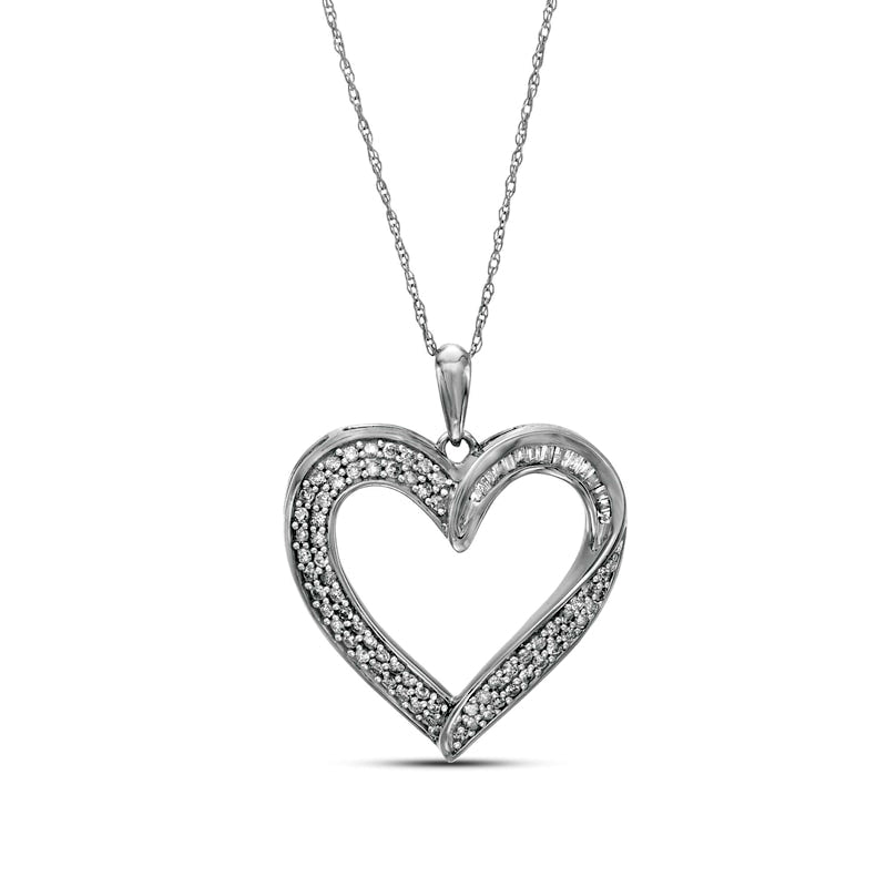 0.5 CT. T.W. Baguette and Round Natural Diamond Heart Pendant in 10K White Gold