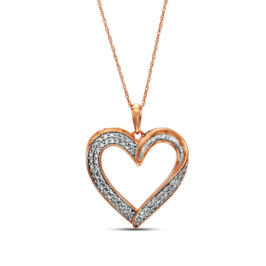 0.5 CT. T.W. Baguette and Round Natural Diamond Heart Pendant in 10K Rose Gold