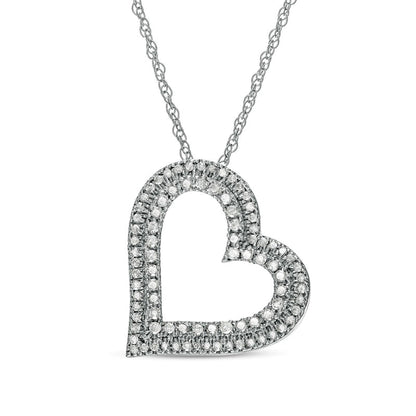 0.5 CT. T.W. Natural Diamond Double Row Tilted Heart Pendant in 10K White Gold