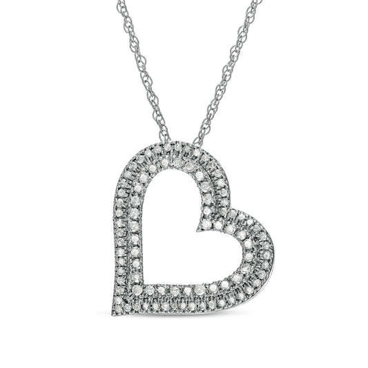 0.5 CT. T.W. Natural Diamond Double Row Tilted Heart Pendant in 10K White Gold