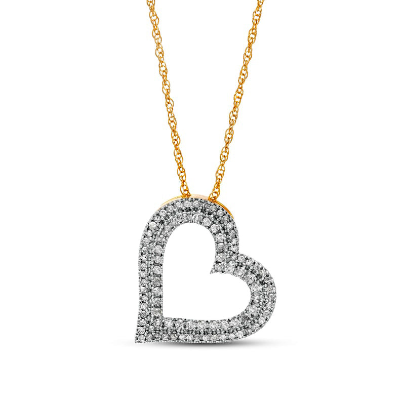 0.5 CT. T.W. Natural Diamond Double Row Tilted Heart Pendant in 10K Yellow Gold