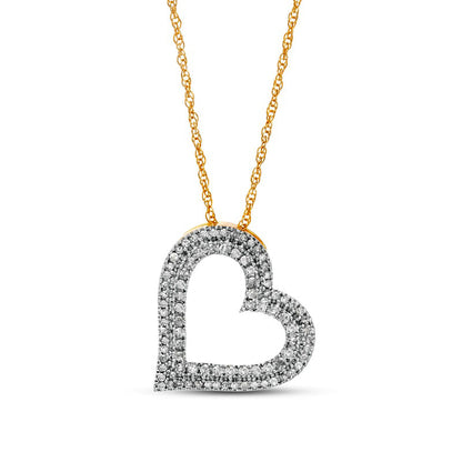 0.5 CT. T.W. Natural Diamond Double Row Tilted Heart Pendant in 10K Yellow Gold