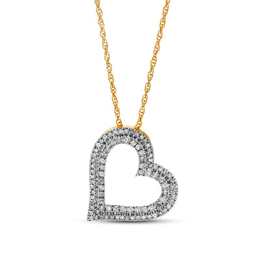 0.5 CT. T.W. Natural Diamond Double Row Tilted Heart Pendant in 10K Yellow Gold