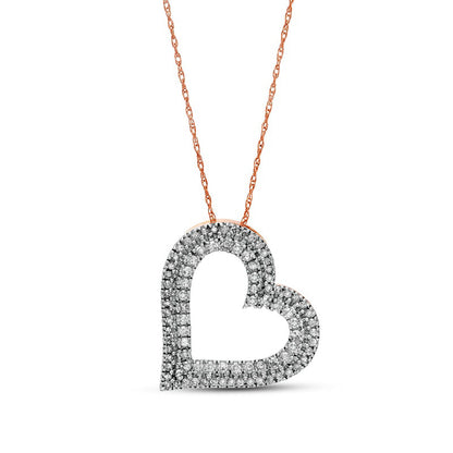 0.5 CT. T.W. Natural Diamond Double Row Tilted Heart Pendant in 10K Rose Gold