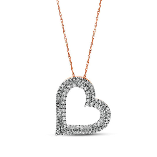 0.5 CT. T.W. Natural Diamond Double Row Tilted Heart Pendant in 10K Rose Gold