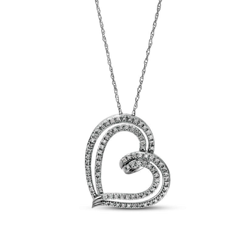 0.25 CT. T.W. Natural Diamond Double Row Tilted Ribbon Heart Pendant in 10K White Gold