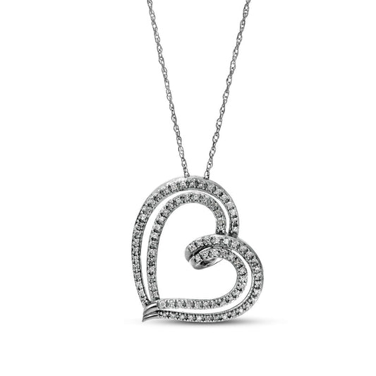 0.25 CT. T.W. Natural Diamond Double Row Tilted Ribbon Heart Pendant in 10K White Gold