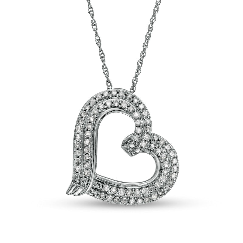 0.5 CT. T.W. Natural Diamond Double Row Tilted Ribbon Heart Pendant in 10K White Gold