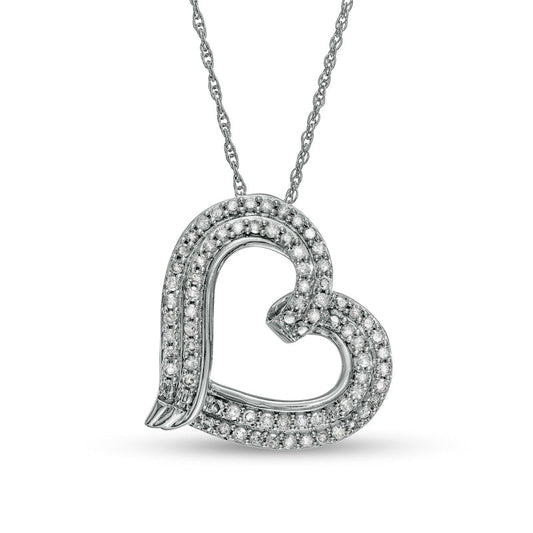 0.5 CT. T.W. Natural Diamond Double Row Tilted Ribbon Heart Pendant in 10K White Gold