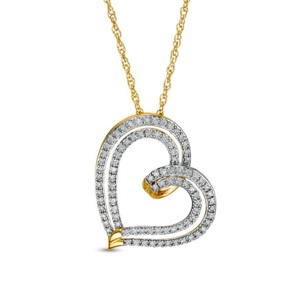 0.25 CT. T.W. Natural Diamond Tilted Ribbon Heart Pendant in 10K Yellow Gold