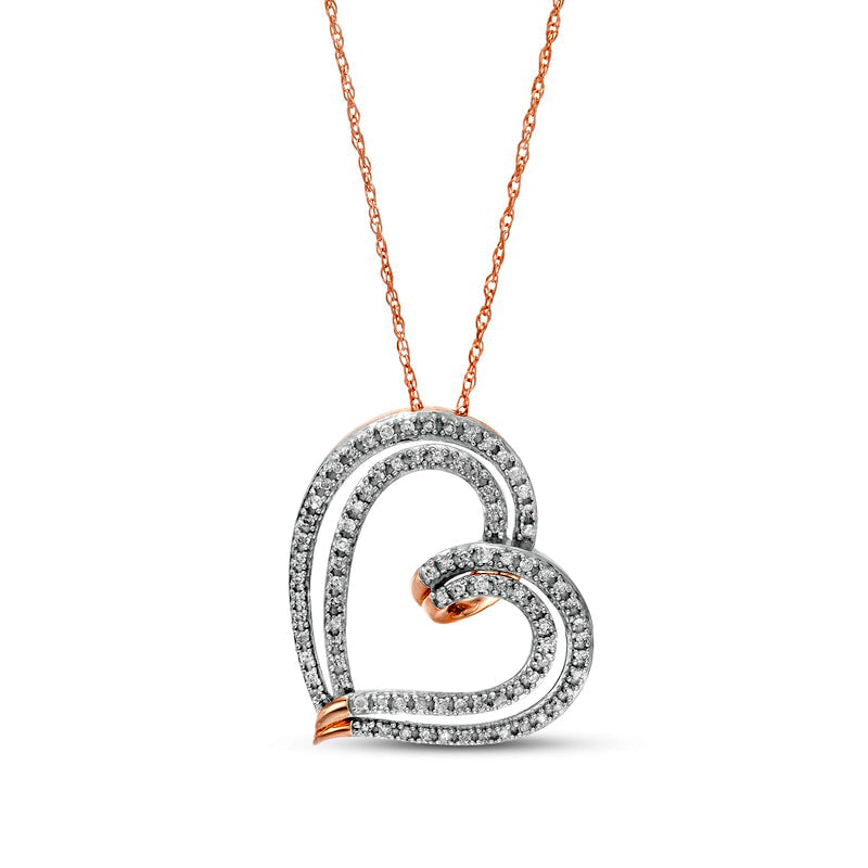 0.25 CT. T.W. Natural Diamond Double Row Tilted Ribbon Heart Pendant in 10K Rose Gold
