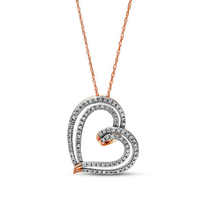 0.25 CT. T.W. Natural Diamond Double Row Tilted Ribbon Heart Pendant in 10K Rose Gold