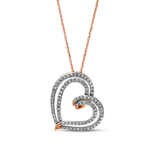0.25 CT. T.W. Natural Diamond Double Row Tilted Ribbon Heart Pendant in 10K Rose Gold