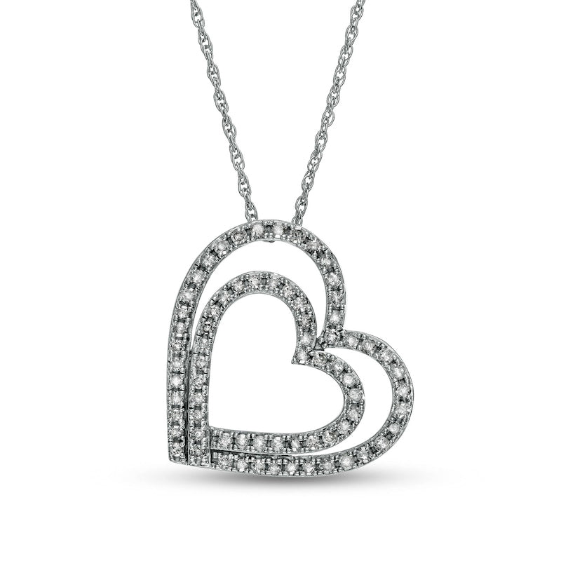 0.5 CT. T.W. Natural Diamond Tilted Double Heart Pendant in 10K White Gold