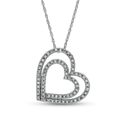 0.5 CT. T.W. Natural Diamond Tilted Double Heart Pendant in 10K White Gold