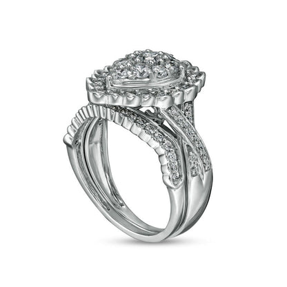1.38 CT. T.W. Composite Pear-Shaped Natural Diamond Frame Scallop Edge Bridal Engagement Ring Set in Solid 10K White Gold