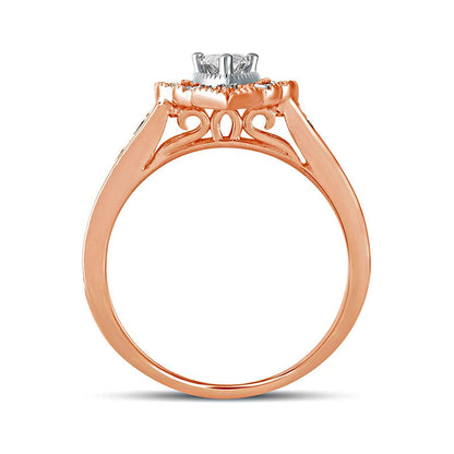 1.0 CT. T.W. Pear-Shaped Natural Diamond Scallop Frame Antique Vintage-Style Engagement Ring in Solid 14K Rose Gold