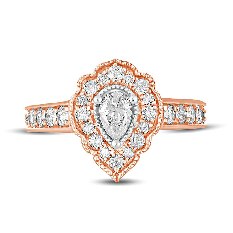 1.0 CT. T.W. Pear-Shaped Natural Diamond Scallop Frame Antique Vintage-Style Engagement Ring in Solid 14K Rose Gold