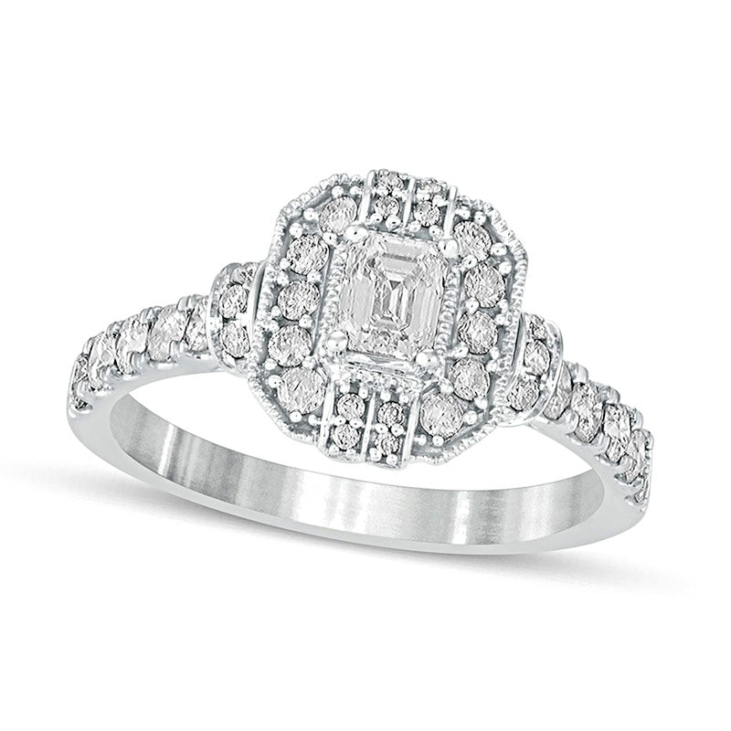 1.0 CT. T.W. Emerald-Cut Natural Diamond Octagonal Frame Engagement Ring in Solid 14K White Gold