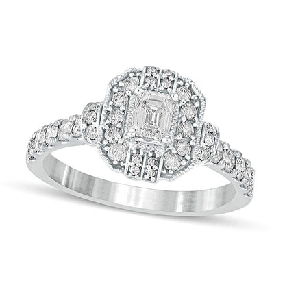 1.0 CT. T.W. Emerald-Cut Natural Diamond Octagonal Frame Engagement Ring in Solid 14K White Gold