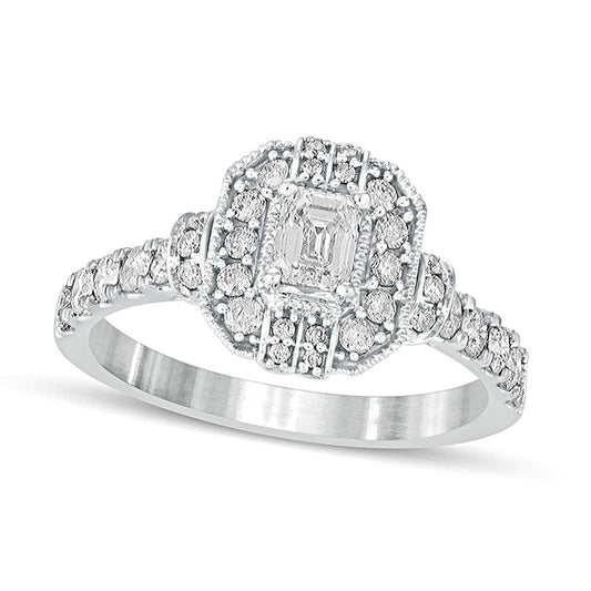 1.0 CT. T.W. Emerald-Cut Natural Diamond Octagonal Frame Engagement Ring in Solid 14K White Gold
