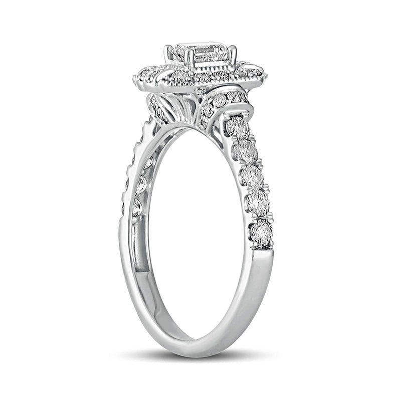 1.0 CT. T.W. Emerald-Cut Natural Diamond Octagonal Frame Engagement Ring in Solid 14K White Gold