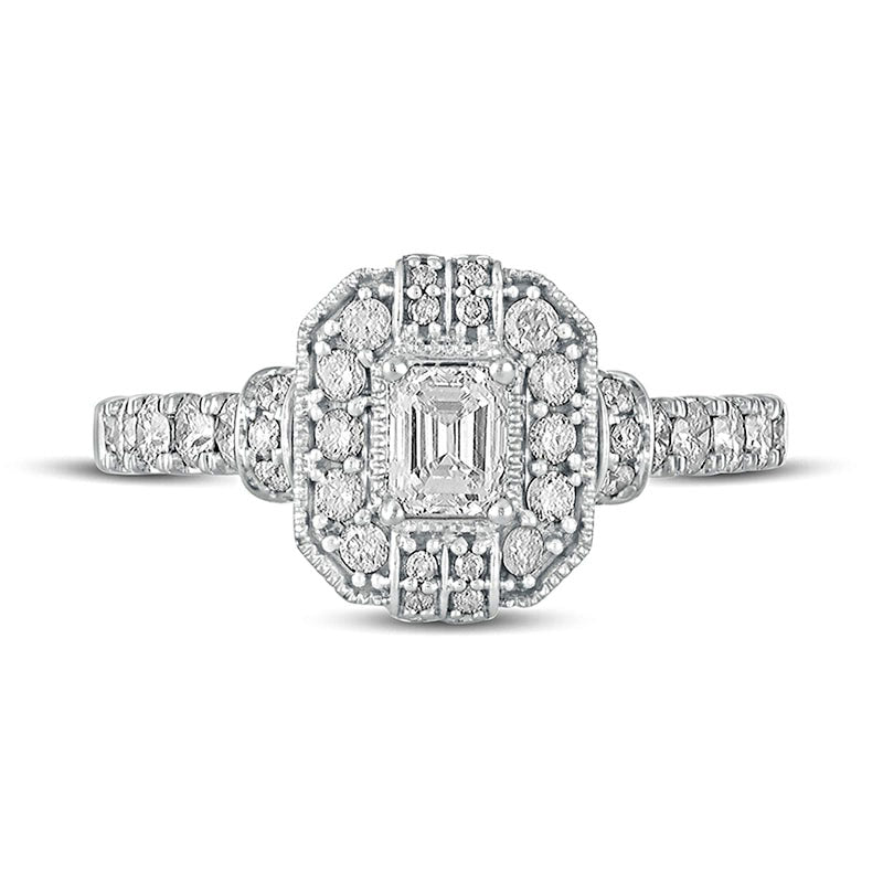 1.0 CT. T.W. Emerald-Cut Natural Diamond Octagonal Frame Engagement Ring in Solid 14K White Gold