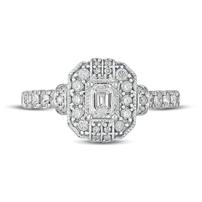 1.0 CT. T.W. Emerald-Cut Natural Diamond Octagonal Frame Engagement Ring in Solid 14K White Gold