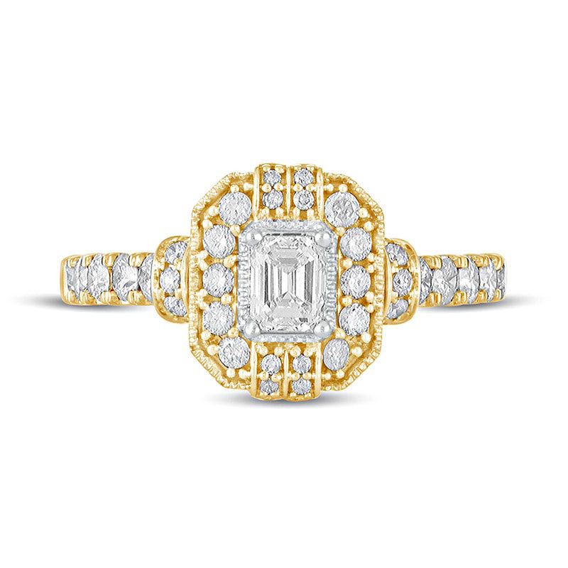 1.0 CT. T.W. Emerald-Cut Natural Diamond Octagonal Frame Engagement Ring in Solid 14K Gold