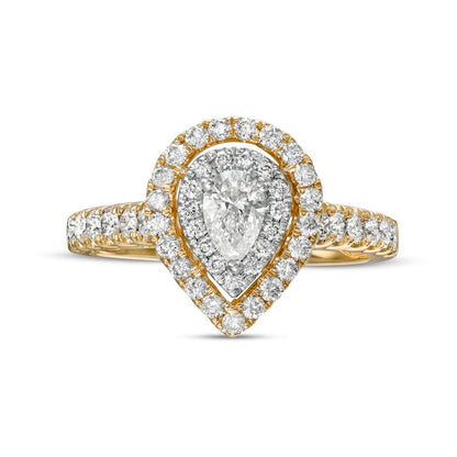 1.0 CT. T.W. Pear-Shaped Natural Diamond Double Frame Engagement Ring in Solid 14K Gold