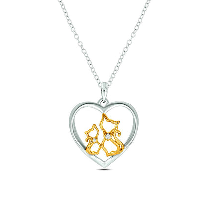 Natural Diamond Accent Cats in Heart Pendant in Sterling Silver with 14K Gold Plate
