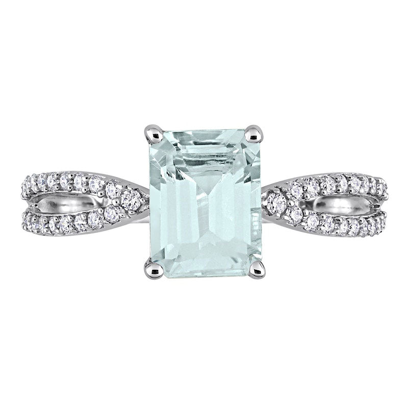 Emerald-Cut Aquamarine and 0.20 CT. T.W. Natural Diamond Tapered Split Shank Ring in Solid 14K White Gold