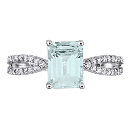 Emerald-Cut Aquamarine and 0.20 CT. T.W. Natural Diamond Tapered Split Shank Ring in Solid 14K White Gold