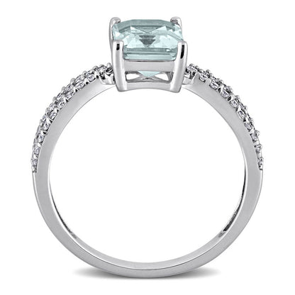 Emerald-Cut Aquamarine and 0.20 CT. T.W. Natural Diamond Tapered Split Shank Ring in Solid 14K White Gold