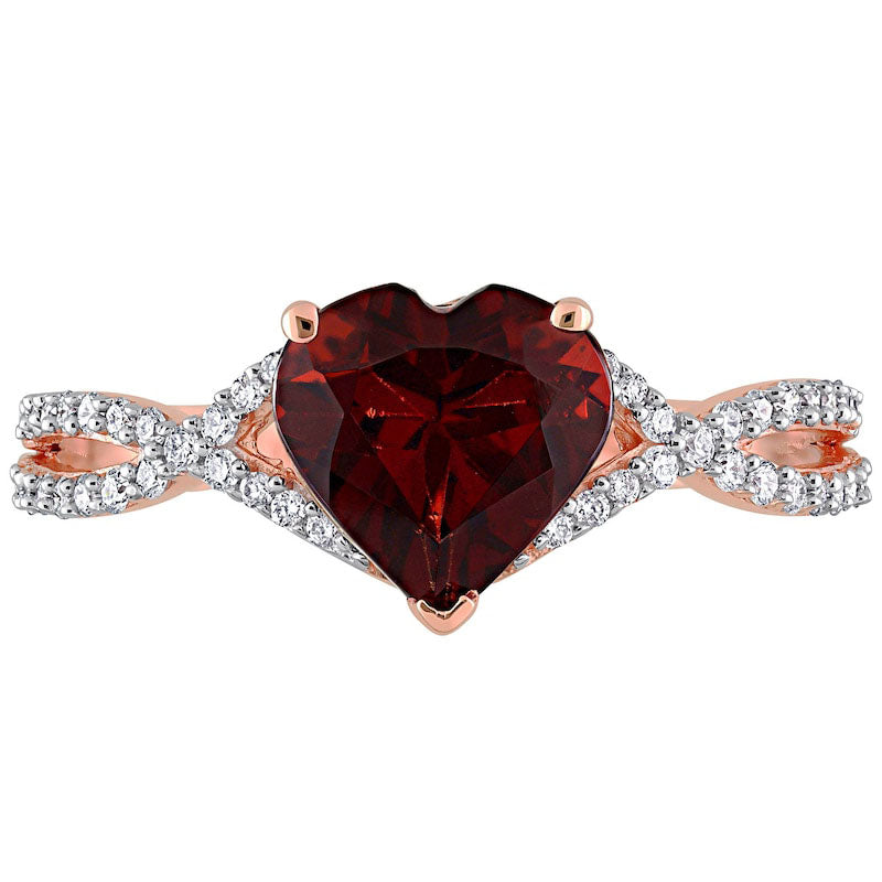 8.0mm Heart-Shaped Garnet and 0.20 CT. T.W. Natural Diamond Twist Split Shank Ring in Solid 14K Rose Gold