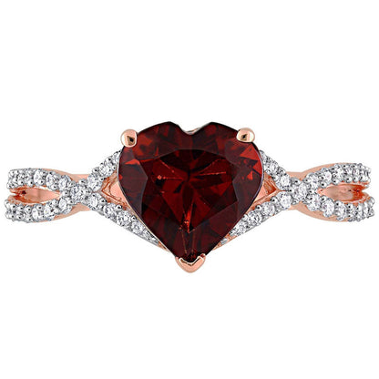 8.0mm Heart-Shaped Garnet and 0.20 CT. T.W. Natural Diamond Twist Split Shank Ring in Solid 14K Rose Gold