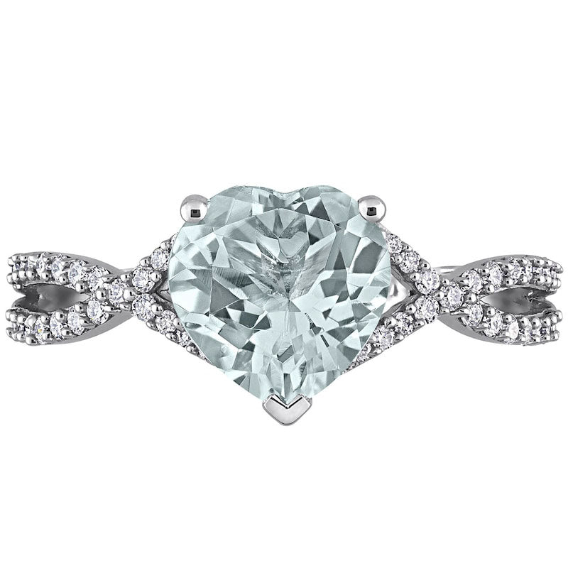 8.0mm Heart-Shaped Aquamarine and 0.20 CT. T.W. Natural Diamond Twist Split Shank Ring in Solid 14K White Gold