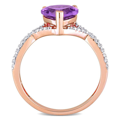 8.0mm Heart-Shaped Amethyst and 0.20 CT. T.W. Natural Diamond Twist Split Shank Ring in Solid 14K Rose Gold