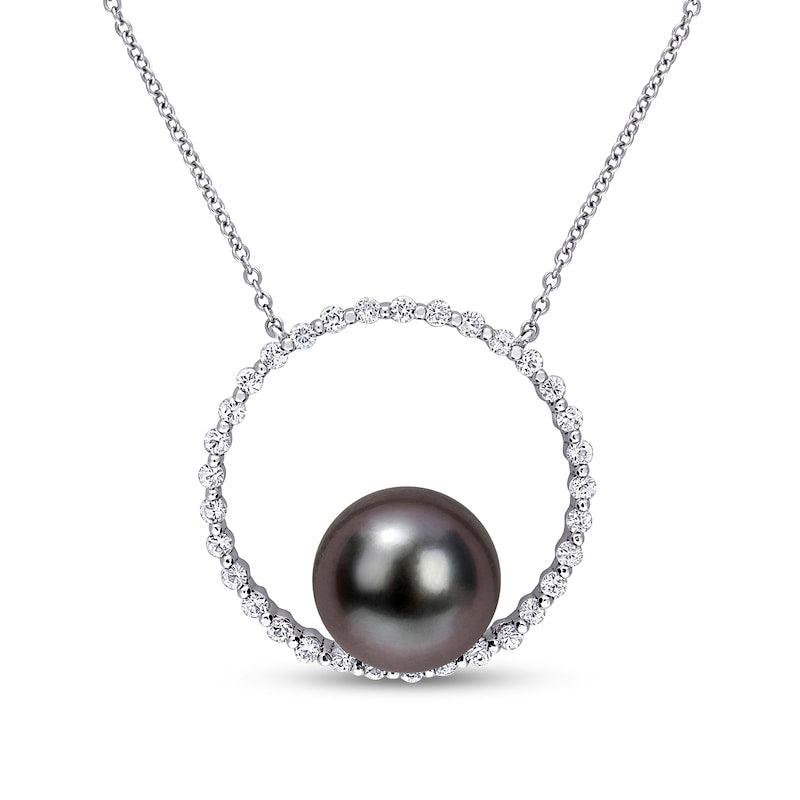9.5-10.0mm Black Cultured Tahitian Pearl and White Sapphire Circle Necklace in 10K White Gold