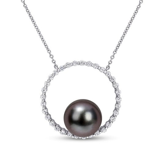 9.5-10.0mm Black Cultured Tahitian Pearl and White Sapphire Circle Necklace in 10K White Gold