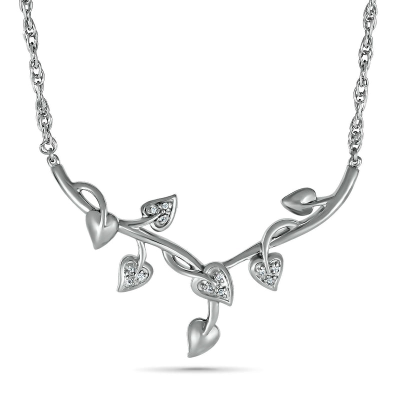 Natural Diamond Accent Y" Leaf Branch Necklace in Sterling Silver"