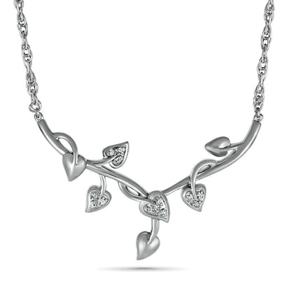 Natural Diamond Accent Y" Leaf Branch Necklace in Sterling Silver"