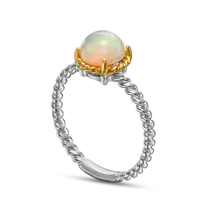 7.0mm Opal Solitaire Rope-Textured Frame and Shank Ring in Sterling Silver and Solid 10K Yellow Gold